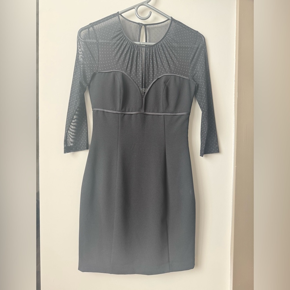Black Sheath Dress with Mesh Dotted Collar